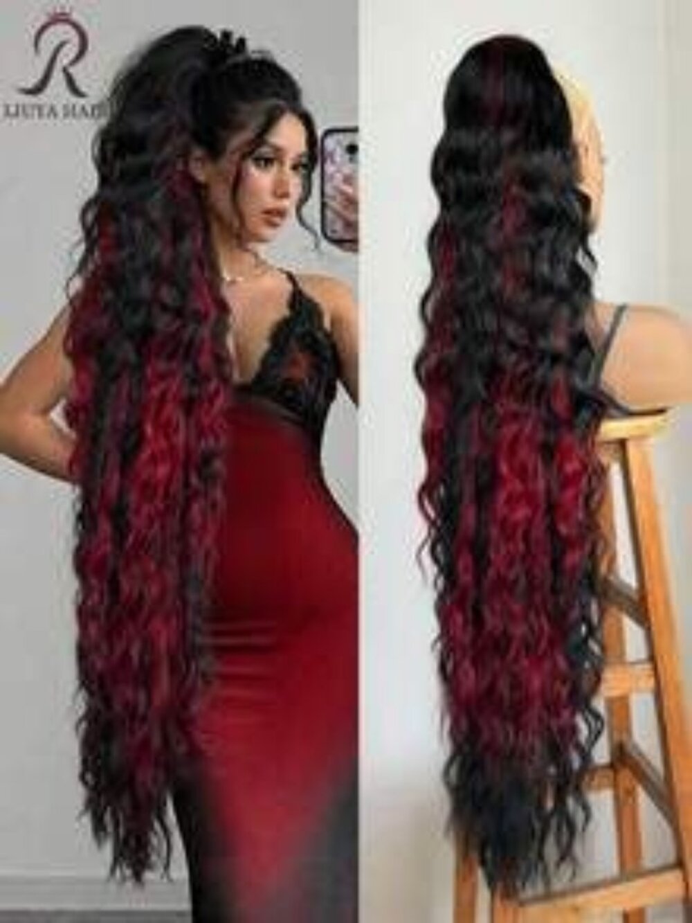40 In Clip-In Wig, Black WRed Highlights, Long Wavy Curls, Secure Clip,in.
